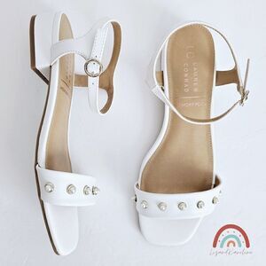 New! Faux Leather White Pearl Block Heel Square Toe Bridal Sandals